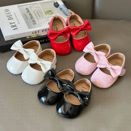 Vista 2 de Zapatos planos Mary Jane para bebés y niñas con moño, flores, suaves, recién nacidos, primeros pasos, zapatos de cuna, zapatos de vestir para bodas