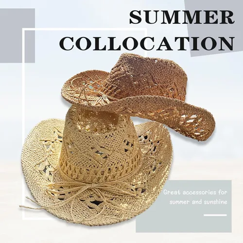 Vista 3 de Sombreros de vaquero de paja para mujer, sombrero de vaquera occidental brillante para fiestas de vacaciones, sombrero de sol plegable