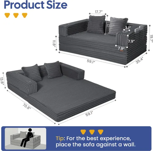 Vista 2 de COMAX Sofá cama futón, sofá cama convertible 4 en 1, sofás deshuesados para sala de estar, sofá biplaza plegable pequeño plegable que ahorra Gris