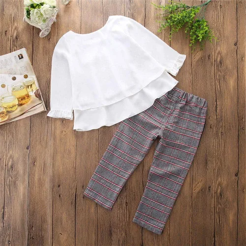Vista 4 de Ropa de otoño para niñas de 2 a 6 años, blusa con volantes y pantalones de cuadrícula de estilo británico