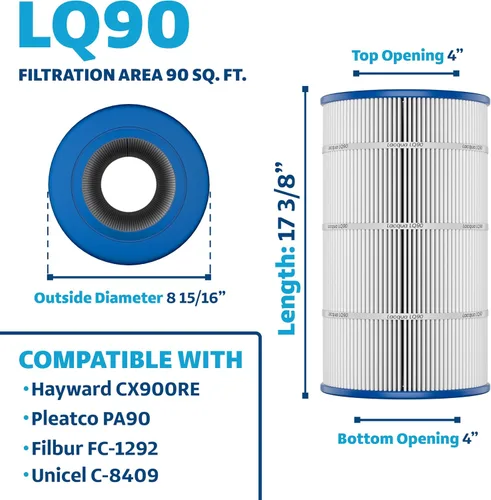Vista 2 de LACQUA Cartucho de filtro de piscina LQ90 de 90 pies cuadrados reemplaza a Hayward C900, CX900-RE, PA90 / B6-M, Unicel C-8409, FC-1292, Sta Rite