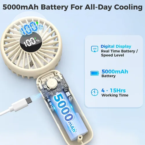 Vista 4 de Ventilador de mano plegable, ventiladores de mano recargables de 5000 mAh con potente refrigeración, 4 velocidades, pantalla LED, ventilador