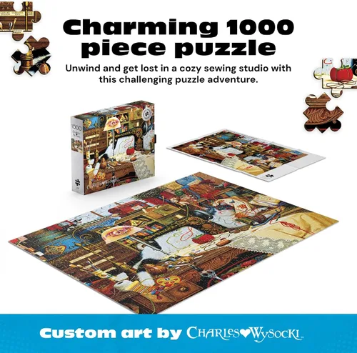 Vista 2 de Buffalo Games - 1000 piezas de rompecabezas plateadas seleccionadas Maggie the Messmaker Charles Wysocki, caja de papel de aluminio de regalo
