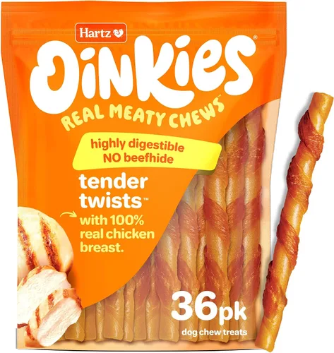 Vista 5 de Hartz Oinkies Tender Twists con pechuga de pollo real sin piel cruda para perros, masticables altamente digeribles para perros, 18