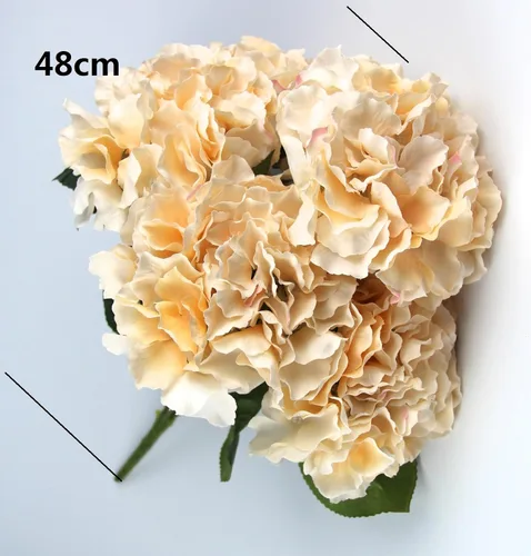 Vista 5 de Flores artificiales de seda de hortensias de champán, 5 cabezas grandes, ramo para decoración del hogar