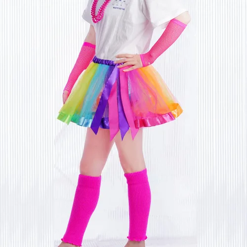 Vista 7 de Accesorios de disfraz 6 en 1 de los años 80 para niños, trajes elegantes de los años 80 y tutú para fiesta de cosplay con temática retro de los años
