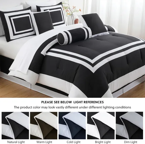 Vista 5 de Chezmoi Collection Caprice Juego de ropa de cama con edredón, de 7 piezas, estilo hotel, con patrón cuadrado en bloque de color moderno