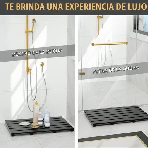 Vista 2 de Tapete de baño para ducha de lujo, antideslizante, de madera de bambú, impermeable, para uso en interiores o exteriores (negro)