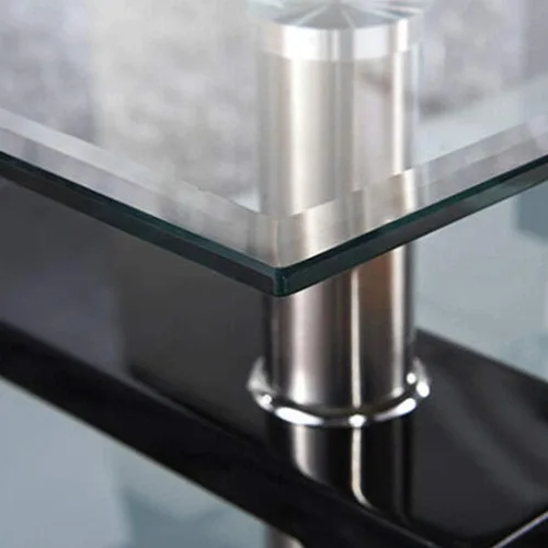 Vista 6 de Mesa de centro rectangular de cristal, moderna mesa de centro lateral con estante inferior, patas de madera para muebles de sala de estar (negro)