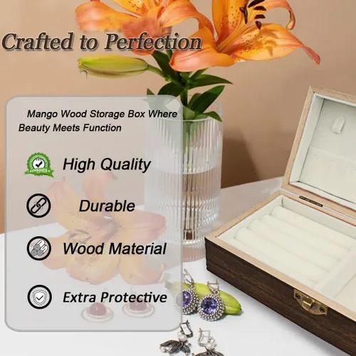 Vista 2 de Caja de joyería de madera hecha a mano - Organizador de viaje elegante para mujeres y hombres, ideas únicas de regalo para anillos, aretes, collares