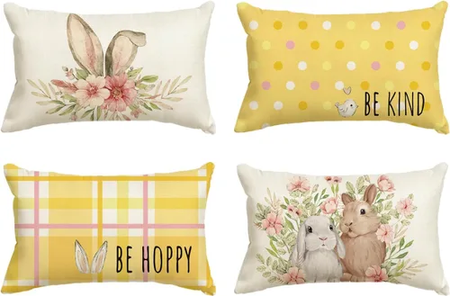 Vista 14 de AVOIN colorlife Juego de 4 fundas de cojín de Pascua con diseño de búfalo y flor de conejo de Pascua Be Hoppy Bule, 18 x 18 pulgadas, diseño