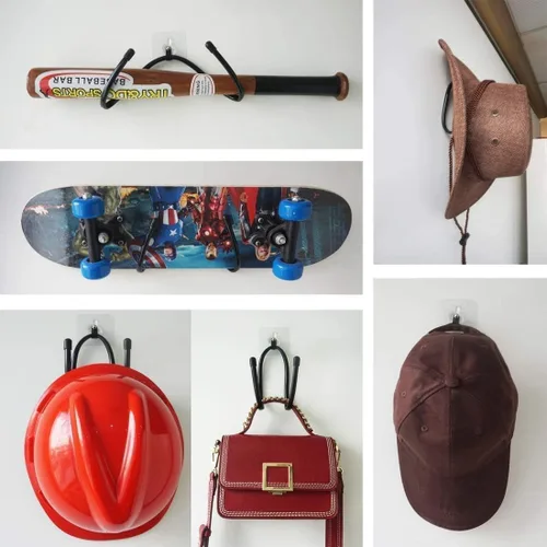 Vista 7 de Perchero para sombreros de vaquero, organizador de sombreros, montaje en pared, ganchos de metal adhesivos, fácil de instalar, paquete de 4, sin
