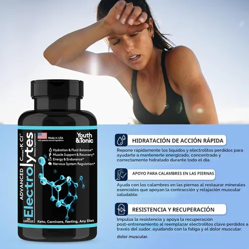 Vista 2 de Youth & Tonic Advanced Electrolyte Pills 100 caps, hidratación, sudor, deporte 11 minerales y vitaminas D + B6, píldoras de sal con electrolitos