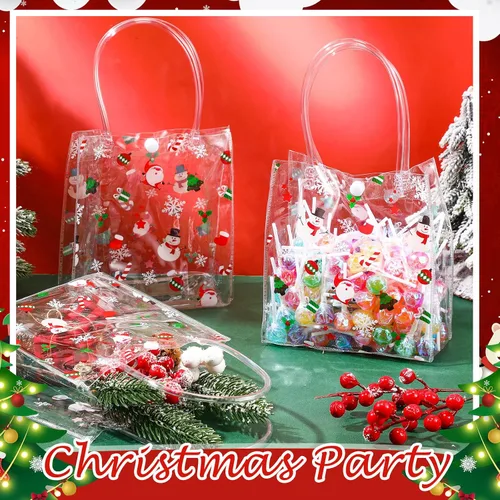 Vista 6 de Silkfly 50 bolsas de regalo transparentes de Navidad con asa, de plástico, reutilizables, de PVC, para compras, bodas, fiestas de cumpleaños
