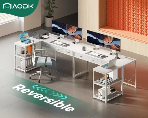 Vista 7 de AODK - Escritorio de computadora en forma de L de 53 pulgadas con cajones, con tomas de corriente y estantes de almacenamiento, soporte móvil