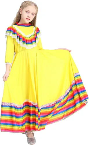 Vista 2 de BEDJIMI Vestido de fiesta mexicano del Cinco de Mayo para niñas, disfraz de estilo nacional mexicano para fiestas, eventos y celebraciones festivas