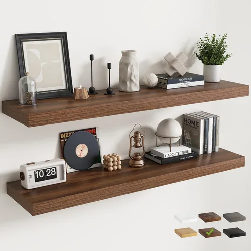 Vista 30 de Juego de 2 estantes flotantes de 16 pulgadas para pared, estantes de baño de grano de madera de 12 pulgadas de profundidad con soportes invisibles
