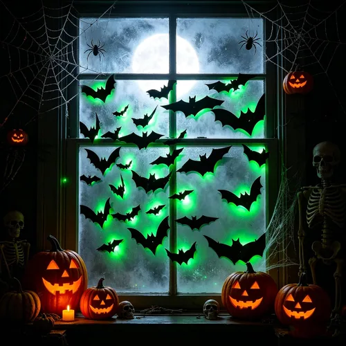 Vista 4 de DR.DUDU - Paquete de 36 murciélagos para decoración de pared de murciélagos para interiores Light Up Green LED, Assorted Size, 3D Bat Stickers