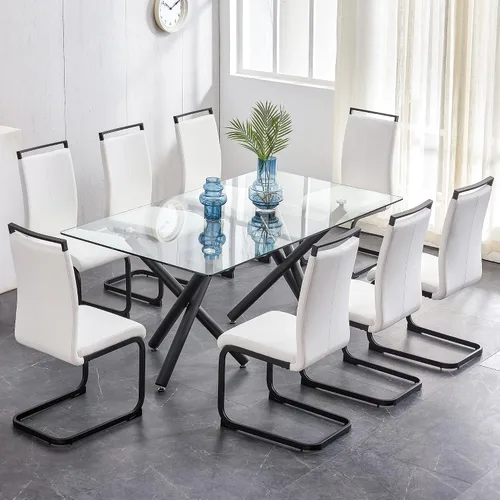 Vista 24 de Juego de mesa de comedor de cristal para 6, 71 pulgadas juego de mesa de comedor moderno para 6 7 Piece Dining Table Set, 6 White Dining Chairs