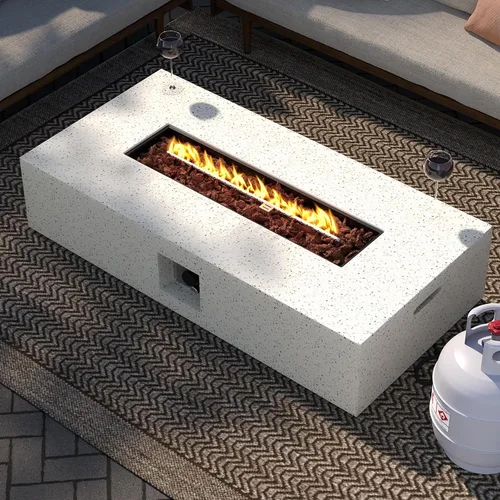 Vista 19 de SUNBURY Mesa de fuego de propano para exteriores de 35 pulgadas, mesa de fuego gris para patio de 50,000 BTU, mesa de fuego cuadrada de gas