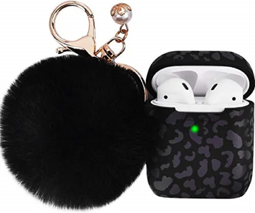 Vista 12 de Filoto Compatible con Funda para Airpod 2 y 1, Linda Funda Protectora de Silicona Accesorios Fundas/Llavero/Pompón, Mejor Regalo para Niñas y Negro