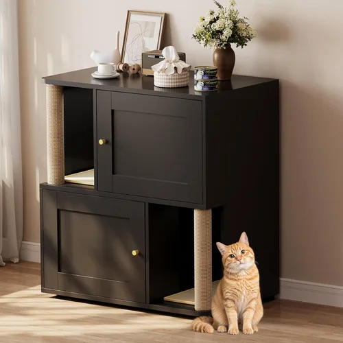 Vista 2 de Caja de arena para gatos para 2 gatos, armario de metal oculto doble con poste rascador para gatos, muebles grandes para baño de mascotas, mesa
