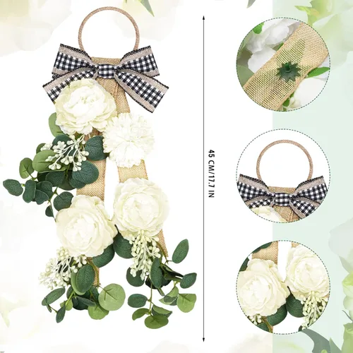 Vista 3 de Giegxin 2 guirnaldas de eucalipto de 17 pulgadas para puerta delantera, estampado floral artificial, primavera, granja, lágrima, con cinta, rústico