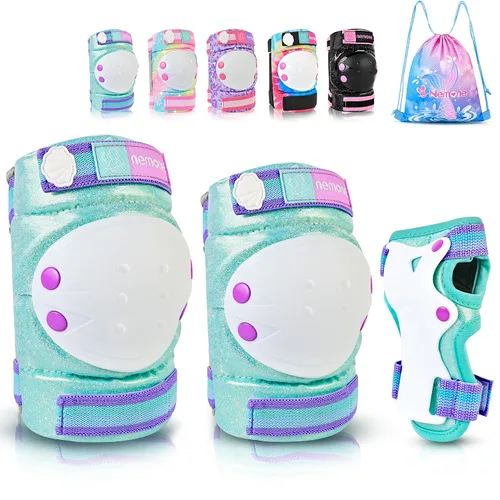 Vista 13 de NEMONE Rodilleras para niños, coderas, coderas, muñequeras con bolsa de cordón, juego de equipo de protección reflectante ajustable para patinetes