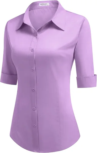 Vista 13 de HOTOUCH Camisa de manga 3/4 con botones para mujer, blusas de trabajo ajustadas, camisas de vestir de algodón, camisas de oficina Negro
