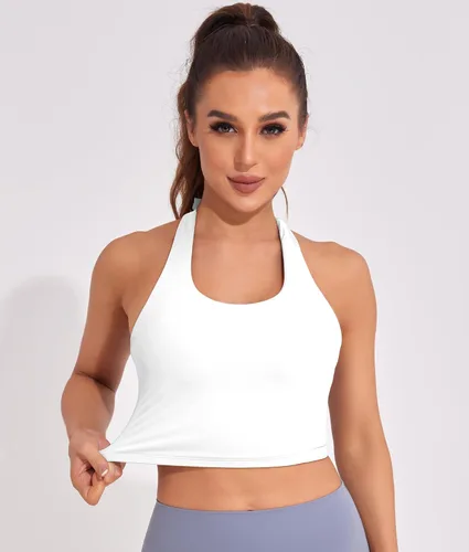 Vista 4 de KerryKreey Camiseta de entrenamiento con cuello halter para mujer, con relleno, brasier deportivo de línea larga, para yoga, gimnasio, atlético