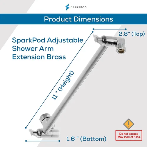 Vista 3 de SparkPod - Extensión de brazo de ducha ajustable de latón macizo, con conexión universal para todos los cabezales de ducha Fácil de instalar