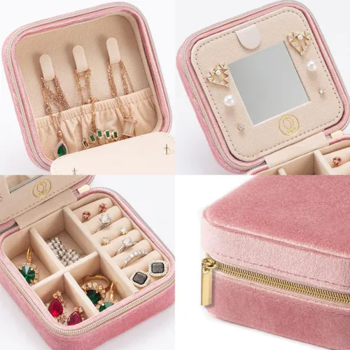 Vista 3 de ZPROW Joyero de viaje de terciopelo de felpa, organizador de joyas de viaje, estuche de viaje para joyas, caja de joyería de viaje, pequeña caja