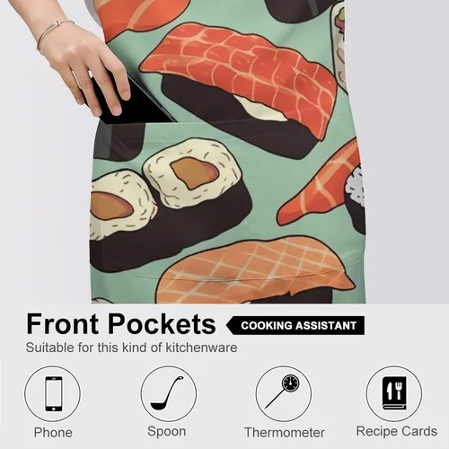 Vista 5 de MUSM Sushi Food Pattern Apron，Classic Vintage Funny with Pockets Aprons,Adjustable Bib Waterdrop Resistant for Kitchen Cooking Restaurant BBQ