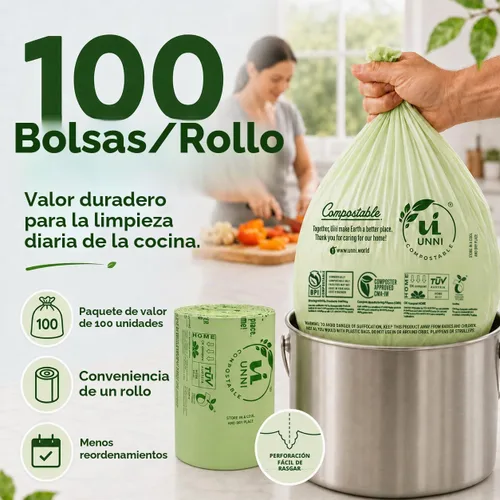 Vista 7 de Bolsas de basura compostables UNNI, 2.6 galones / 9.84 litros, 100 unidades, extra gruesas de 0.71 mil, forros para contenedores pequeños de restos