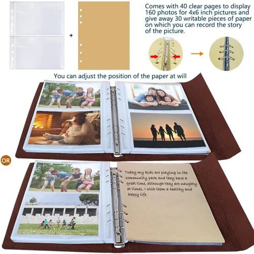 Vista 4 de Álbum de fotos de 4 x 6 pulgadas, 160 fotos, álbumes de fotos de cuero con espacio de escritura con 30 papeles de escritura, viajes, familia, boda