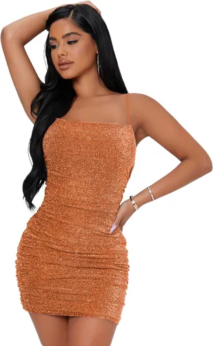 Vista 10 de Floerns Vestido Mini de Mujer con Brillo, Sin Mangas, Fruncido, para Fiesta y Discoteca, Estilo Bodycon Negro