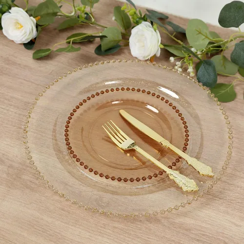 Vista 4 de Efavormart - Paquete de 10 platos de plástico para aperitivos de postre en oro ámbar con borde de cuentas, platos redondos desechables para ensalada