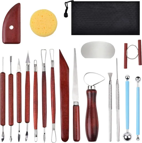 Vista 8 de Blisstime 18 piezas de herramientas para escultura de arcilla, juego básico de herramientas para tallar cerámica con mangos de madera y bolsa