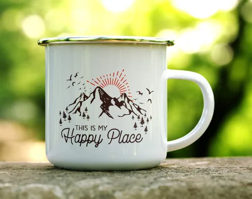 Vista 2 de Loftipop This is My Happy Place - Taza de café esmaltada para acampar en la montaña, taza de café para acampar en la naturaleza, al aire libre