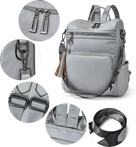Vista 28 de OPAGE - Mochila de cuero para mujer, con borla de moda, bolso de hombro, mochila grande, bolsa de viaje, gris, L
