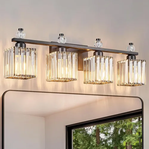 Vista 16 de Luces de Tocador de Baño de 3 Luces, Placado Negro, Modernas Luces de Tocador de Cristal para Baño, Luces de Tocador de Cristal para Usar Sobre