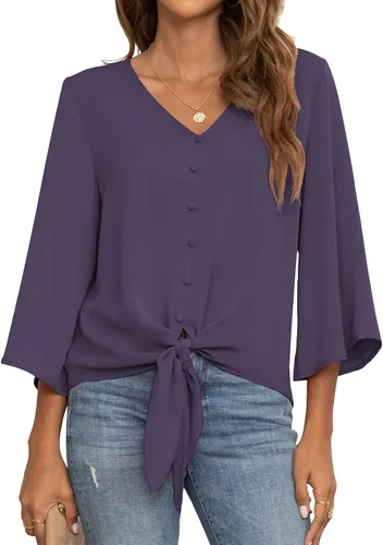 Vista 11 de VIISHOW Blusas de verano para mujer, con botones, cuello en V, de gasa, mangas acampanadas de 3/4, con nudo, casuales 01 Blanco