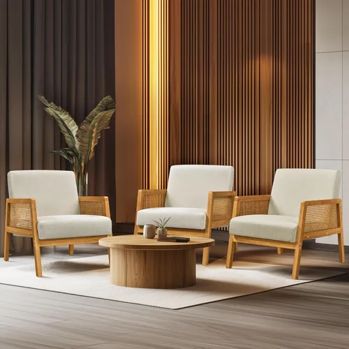 Vista 5 de Yaheetech Silla decorativa, sillón moderno de ratán, cómoda silla de lino con patas de madera para sala de estar, dormitorio, sala de lectura, Beige