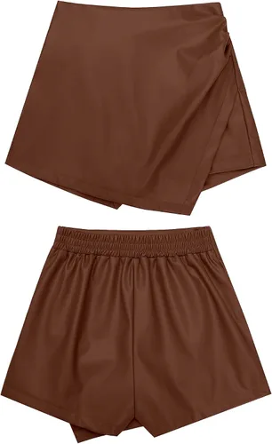 Vista 6 de luvamia Pantalones cortos para mujer de piel sintética de cintura alta, pantalones cortos de piel sintética, cintura elástica, faldas fruncidas