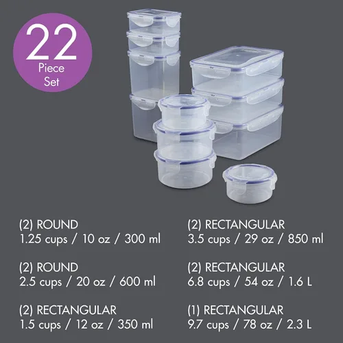 Vista 4 de LocknLock Easy Essentials - Tapas de almacenamiento de alimentos, recipientes herméticos, sin BPA, 22 piezas, transparente