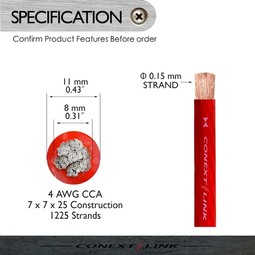 Vista 3 de Cable de alimentación de batería de amplificador de coche de 5 pies 4 GA calibre AWG Cable de tierra CCA rojo escarcha