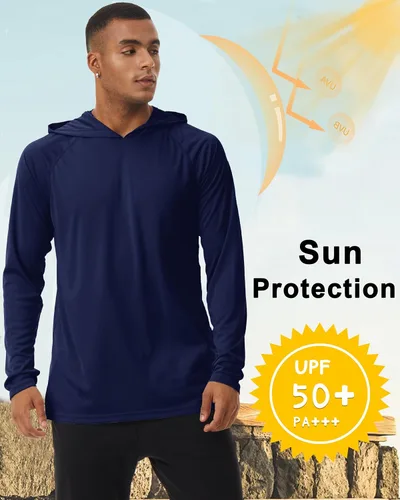Vista 3 de BIYLACLESEN Camiseta de manga larga con protección solar UPF 50+ para hombre, para correr, con capucha