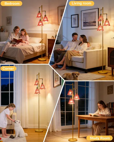 Vista 8 de Lámpara de pie moderna de cristal de 3 luces, lámpara alta de pie dorada con pantalla de vidrio de piña roja profunda, lámpara de pie LED regulable