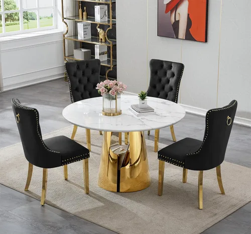 Vista 20 de SSLine Mesa de comedor redonda de mármol sintético blanco para 4-6, mesa de Mesa de oro blanco