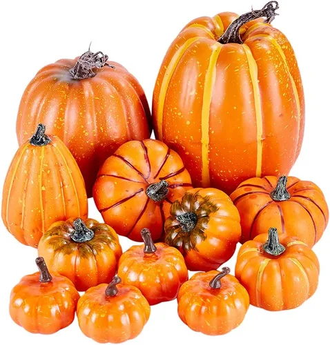Vista 7 de Artmag Paquete de 12 calabazas artificiales de color naranja de varios tamaños, calabazas falsas grandes para otoño, Acción de Gracias, Halloween